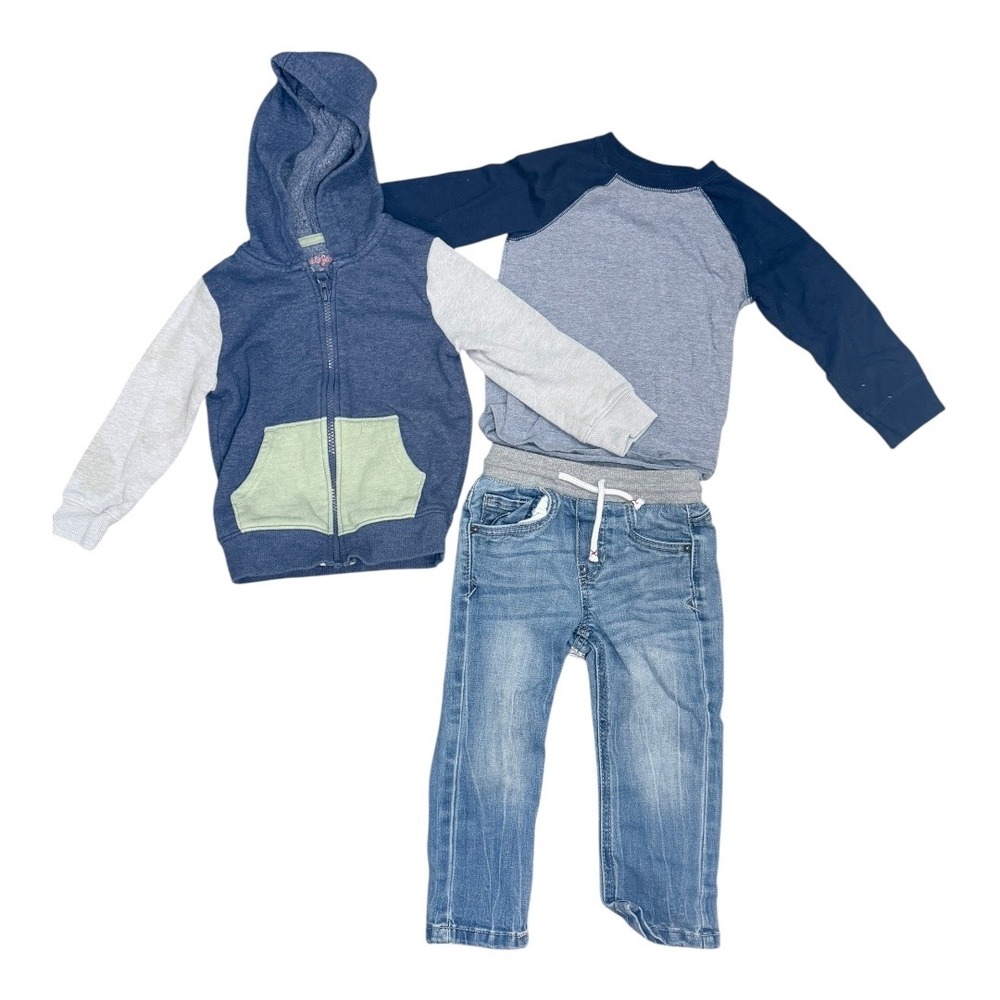 Cat & Jack Outfit Set Kids 2T Hoodie Raglan Shirt Denim Jeans‎ Blue Grey 3pc Lot